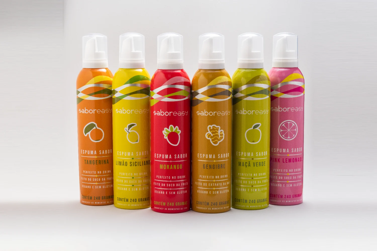 Espumas Saboreasy nos sabores tangerina, limão siciliano, morango, gengibre, maçã verde e pink lemonade